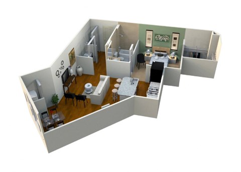 A 3D rendered image of a house layout.