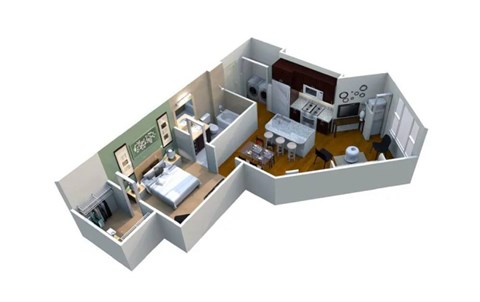 A 3D model of a house with a kitchen, living room, and bathroom.