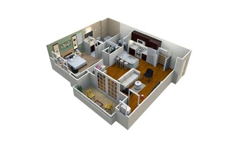 A 3D image of a house layout with a kitchen, living room, and bedrooms.