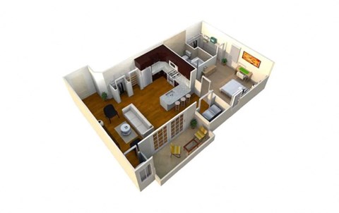 A 3D rendered image of a house layout.