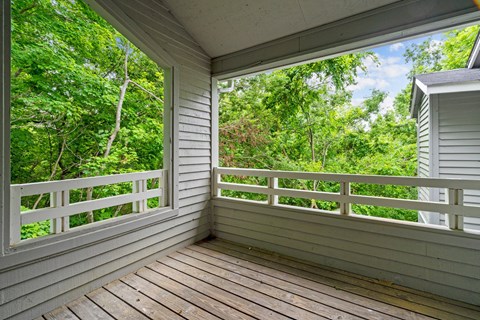 A wooden deck with a railing overlooks a lush green forest.