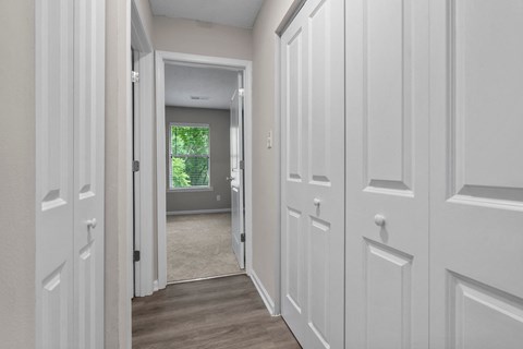 A hallway with white doors and a window with greenery visible outside.