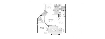 A floor plan of a house with a dining room, living room, kitchen, and two bedrooms.