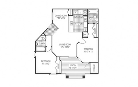 A floor plan of a house with a dining room, living room, kitchen, and two bedrooms.