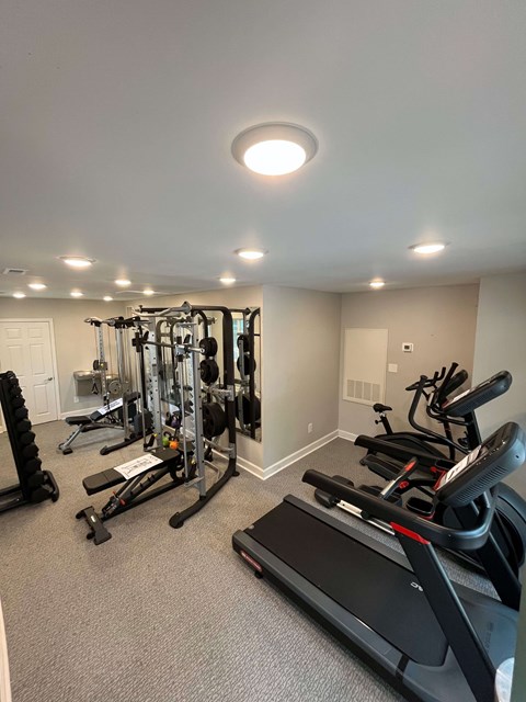 A well-equipped home gym with a treadmill, elliptical machines, and weightlifting equipment.