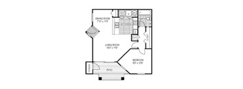 A floor plan of a house with a living room, dining room, kitchen, and two bedrooms.