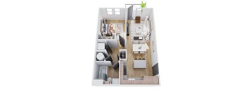 A top-down view of a small apartment with a kitchen, living room, and bedroom.