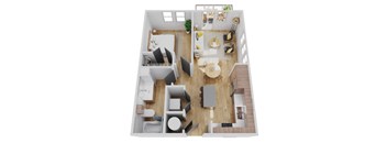 A top-down view of a modern living room with a kitchen area.