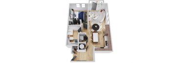 A top-down view of a modern apartment layout.