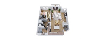 A top-down view of a modern apartment layout.