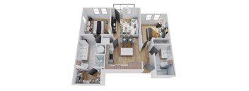 A top down view of a house interior with a kitchen, living room, and bathroom.