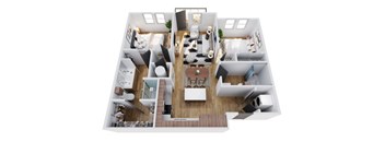 A 3D floor plan of a house with a kitchen, living room, and two bedrooms.