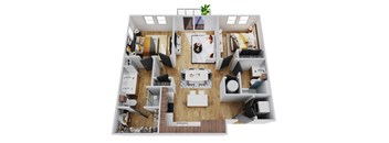 A top-down view of a well-organized apartment with a kitchen, living room, and bedrooms.