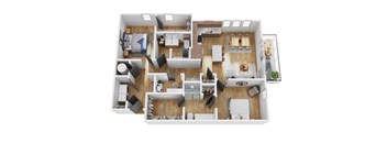 A top-down view of a well-organized apartment layout.