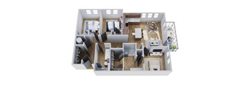 A 3D floor plan of a house with a living room, kitchen, dining room, and bedrooms.