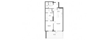 A floor plan of a house with a kitchen, living room, and bathroom.