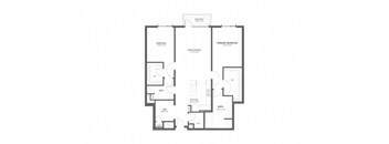 A floor plan of a house with a primary bedroom, a secondary suite, and a living room.