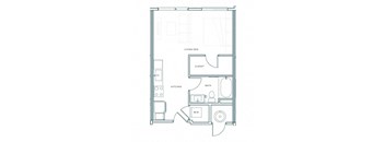 A floor plan of a small apartment with a living room, kitchen, bathroom, and closet.