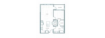 A floor plan of a house with a living room, kitchen, bedroom, bathroom, and balcony.