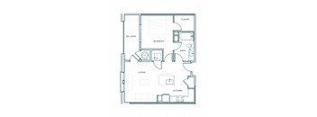A floor plan of a house with a living room, kitchen, bedroom, bathroom, and closet.