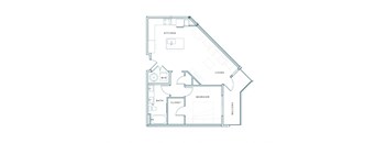 A floor plan of a home with a kitchen, living room, bedroom, bathroom, and closet.