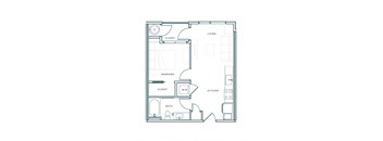 A floor plan of a small apartment with a bedroom, bathroom, kitchen, living room, and closets.