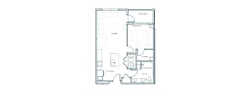 A floor plan of a house with a living room, kitchen, bedroom, bathroom, and closet.