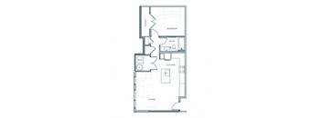 A floor plan of a small apartment with a living room, kitchen, bathroom, and bedroom.