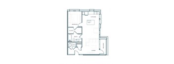 A floor plan of a small apartment with a bedroom, bathroom, kitchen, living room, and balcony.