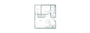 A floor plan of a house with a balcony, bedroom, bath, closet, living room, and kitchen.