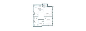 A floor plan of a small apartment with a kitchen, living room, bedroom, bathroom, and closet.