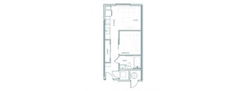 A floor plan of a small apartment with a living room, kitchen, bathroom, and bedroom.