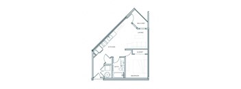 A floor plan of a house with a balcony, living room, kitchen, bathroom, closet, and bedroom.