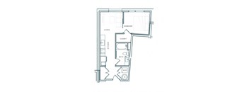 A black and white image of a floor plan for a small apartment.