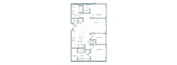 A floor plan of a house with a living room, two bedrooms, a kitchen, a bathroom, and a balcony.
