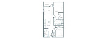 A floor plan of a small apartment with a balcony, living room, kitchen, and bathroom.