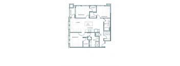 A floor plan of a house with a living room, kitchen, and four bedrooms.