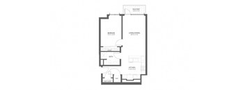 A floor plan of an apartment with a living room, kitchen, bedroom, bath, and balcony.