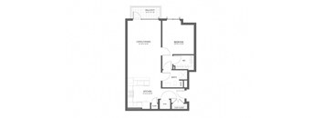A floor plan of an apartment with a living room, bedroom, bathroom, kitchen, and balcony.