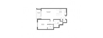 A floor plan of a house with a living room, dining room, kitchen, and two bedrooms.