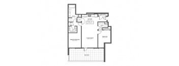A floor plan of a house with a living room, two bedrooms, a bathroom, a kitchen, and a balcony.
