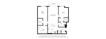 A black and white floor plan of a house with a living room, two bedrooms, a bathroom, a kitchen, and an entry.