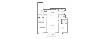 A black and white floor plan of a house with a living room, dining room, kitchen, and two bedrooms.