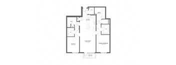 A floor plan of a house with a primary bedroom, a secondary bedroom, a bathroom, a kitchen, a living room, a dining room, and a unisex bathroom.