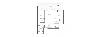 A floor plan of a house with a primary bedroom, bathroom, and a living room.