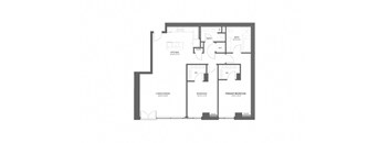 A floor plan of a house with a kitchen, two bedrooms, and a landing.