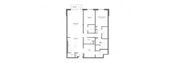 A floor plan of a house with a kitchen, living room, dining room, and two bedrooms.