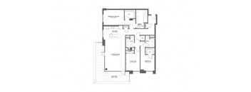 A floor plan of a house with two bathrooms and a balcony.
