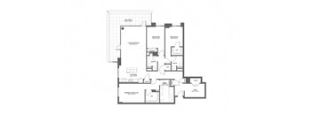 A black and white floor plan of a house with a living room, dining room, kitchen, and two bathrooms.