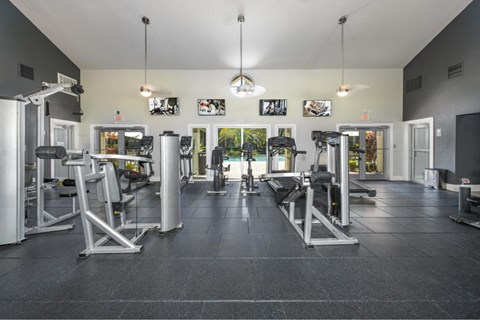A gym with a variety of equipment including treadmills, weight machines, and free weights.